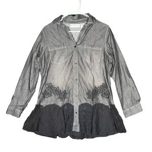 Bleu Bayou Womens Grey Embroidered Lace Button Down Peplum Top Sz M Grunge Boho